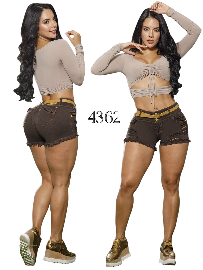 Short Levantacola Café Chocolate Desgastado con Bota Deshilachada