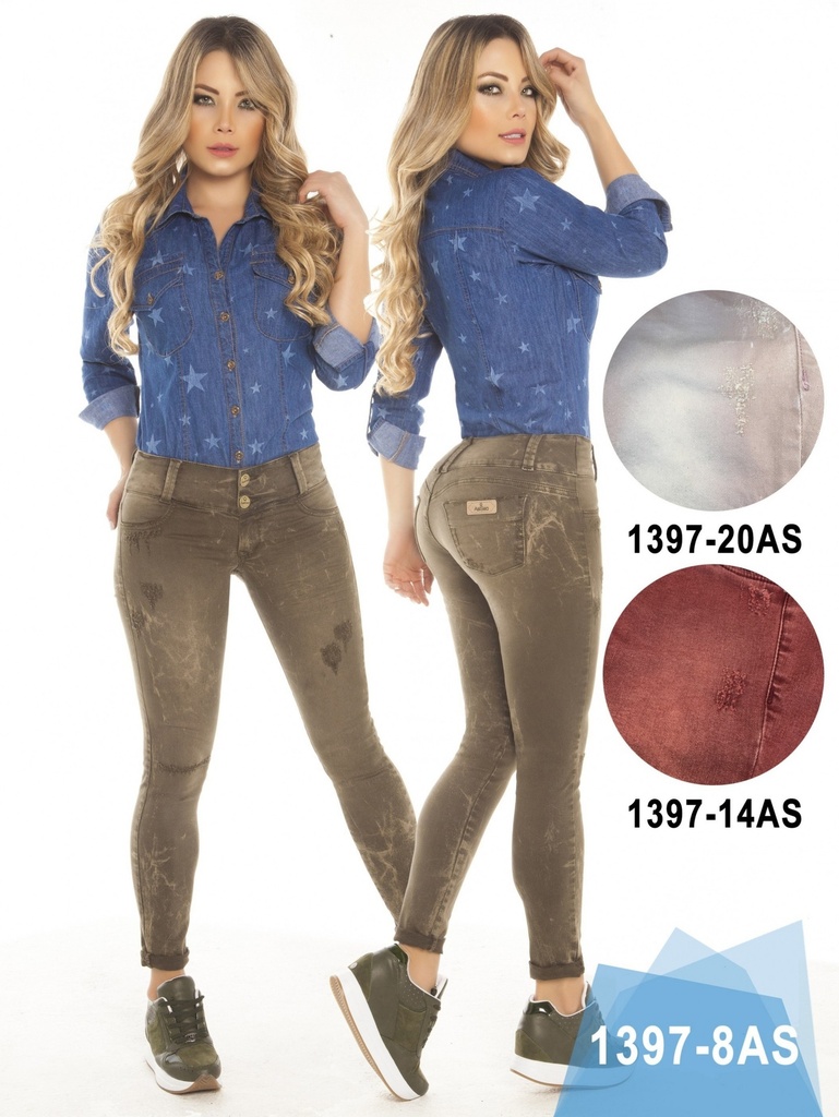 Jeans Levantacola Rotos Ajustados Verde Caqui para Mujer 1397-8AS
