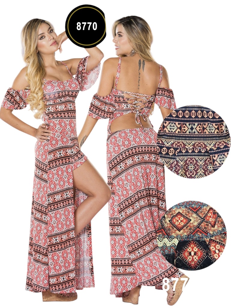 [11387705YB01] Vestido Largo con Abertura Efecto Conjunto Estampado Boho Rosa para Mujer 8770-5
