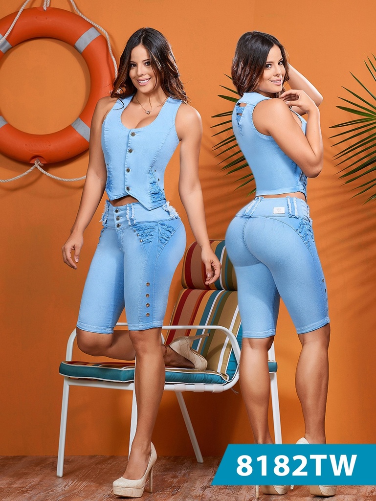 [1238182TW03] Conjunto de 2 Piezas Chaleco y Bermuda Mezclilla Clara para Mujer 8182TW