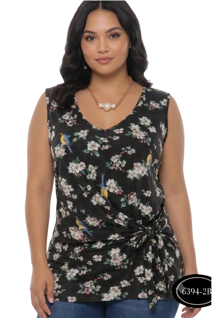 [25063942B18] Women's Black Floral Plus Size Sleeveless Blouse 6394-3B