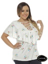 Women's White Floral Plus Size Ruffle Lace-Up Blouse 6410-8B