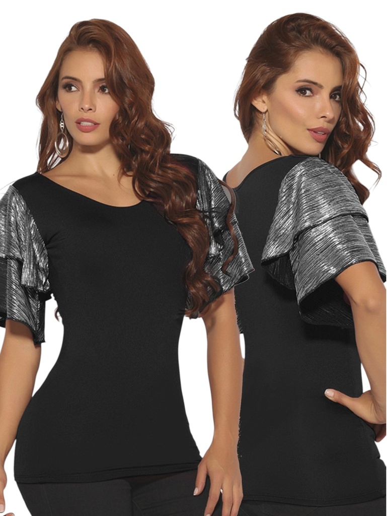 [11131102] Blusa Mangas con Volantes Metalizadas Negro para Mujer 3110-2