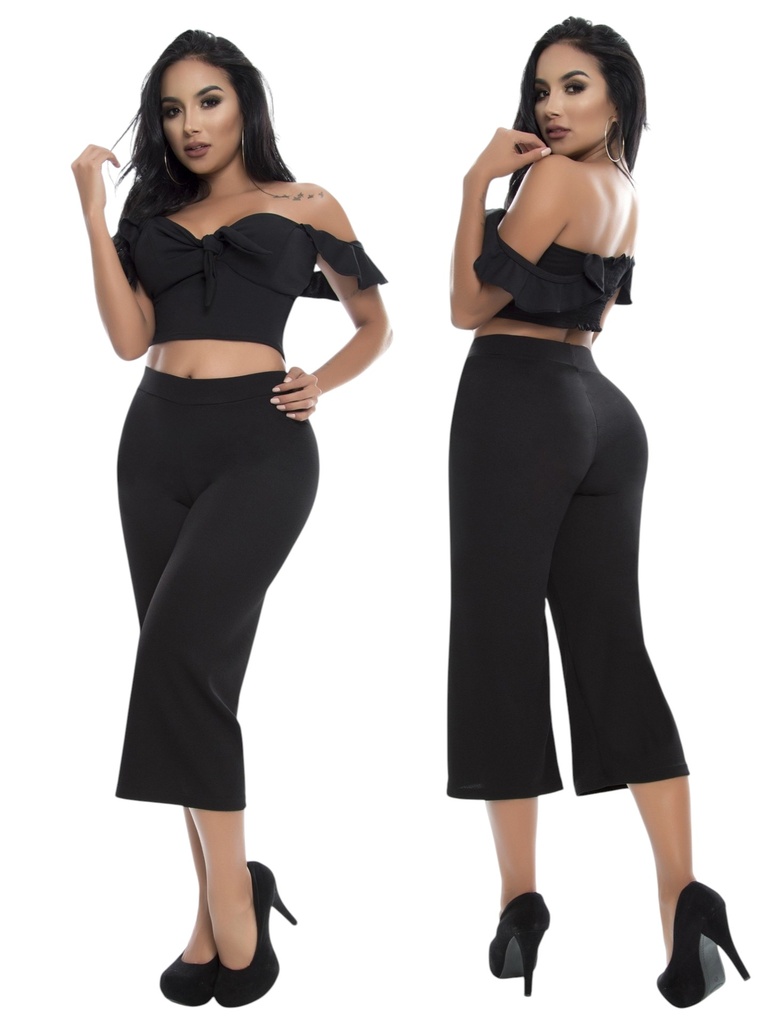 [265V1492S ] Conjunto de 2 Piezas Top con Volante y Pantalón Culotte Negro para Mujer V-149-2