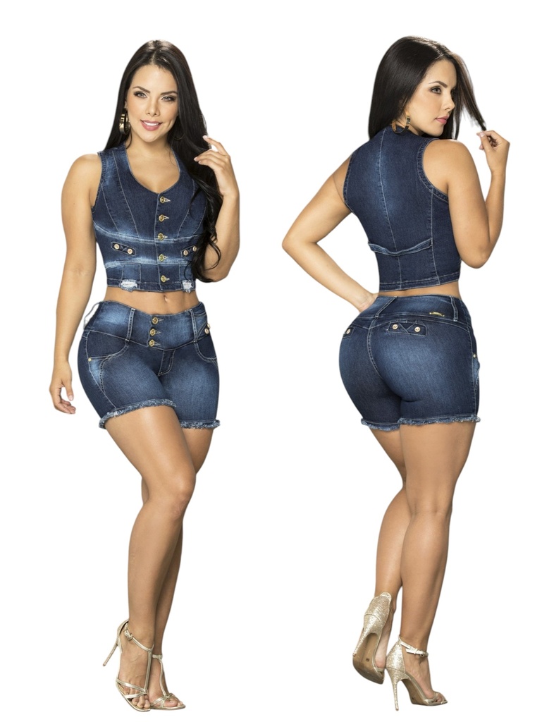 [00010112609T01] Conjunto de 2 Piezas Chaleco y Short Mezclilla Oscura para Mujer 12609T