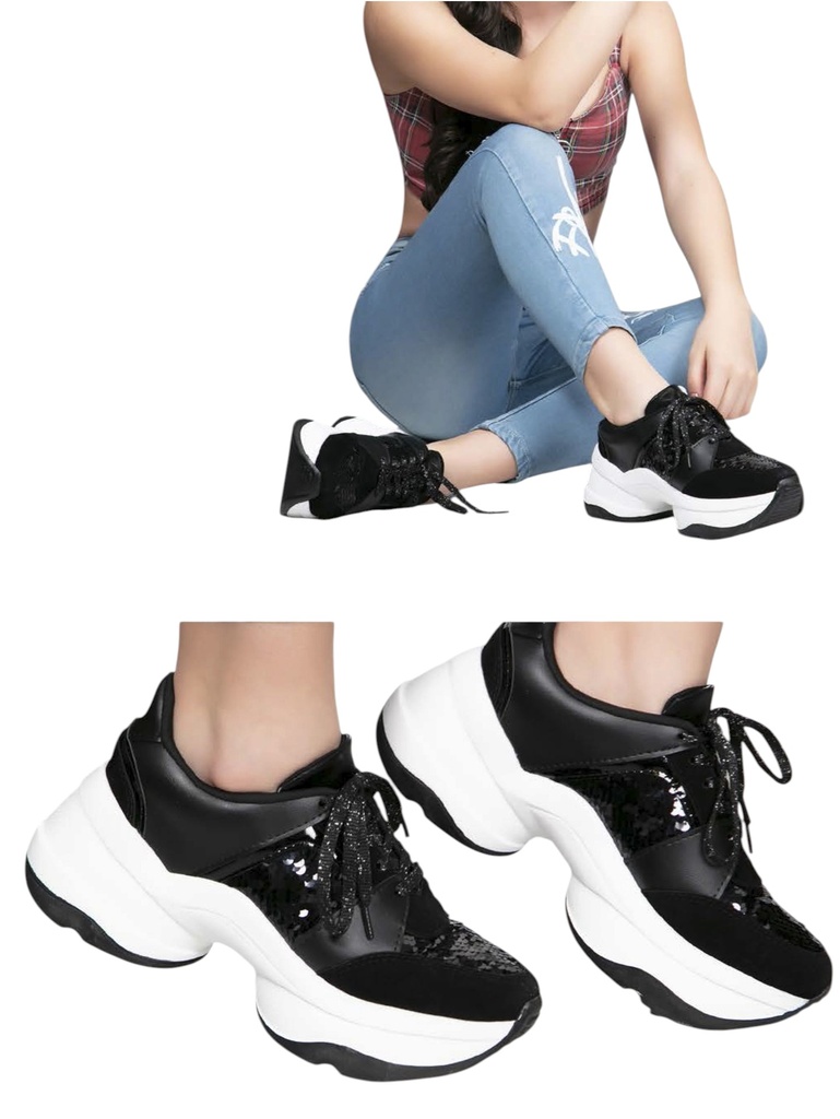 [28179606] Tenis Plataforma Gruesa Negro y Blanco para Mujer M796