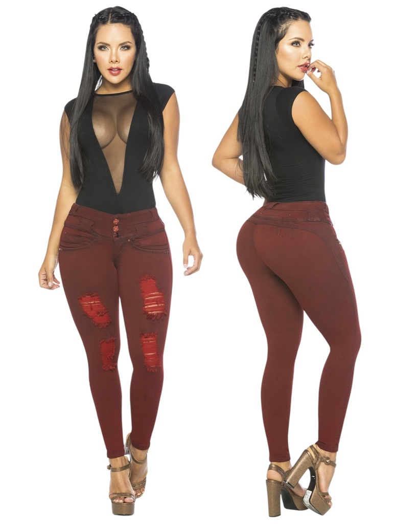 Jeans Levantacola Rotos Ajustados Vino Tinto para Mujer 223