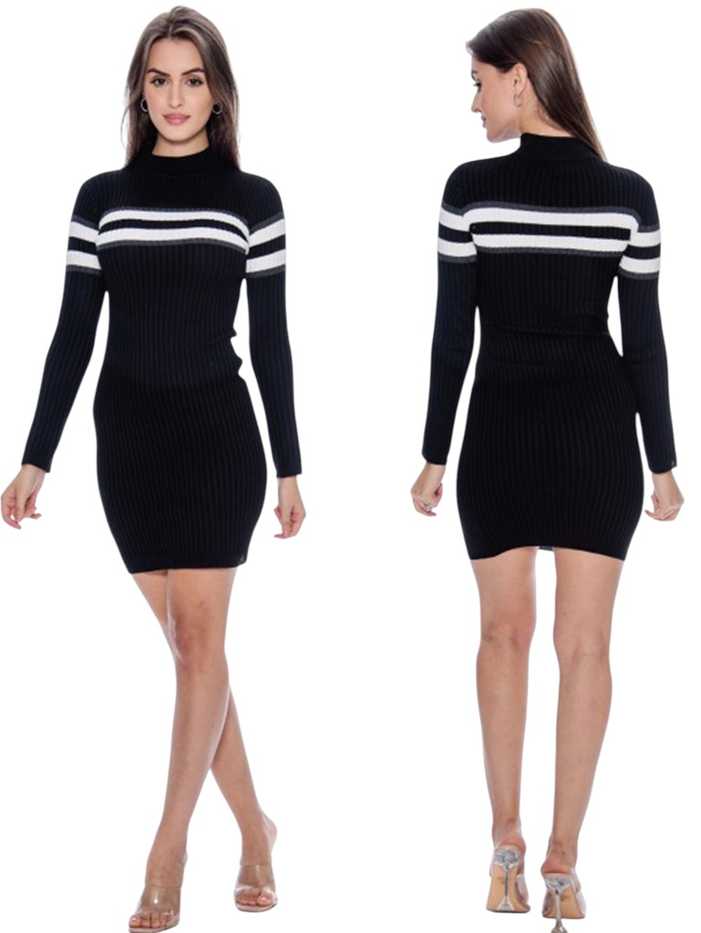 Vestido Ajustado de Punto Cuello Alto Negro para Mujer 364-NB