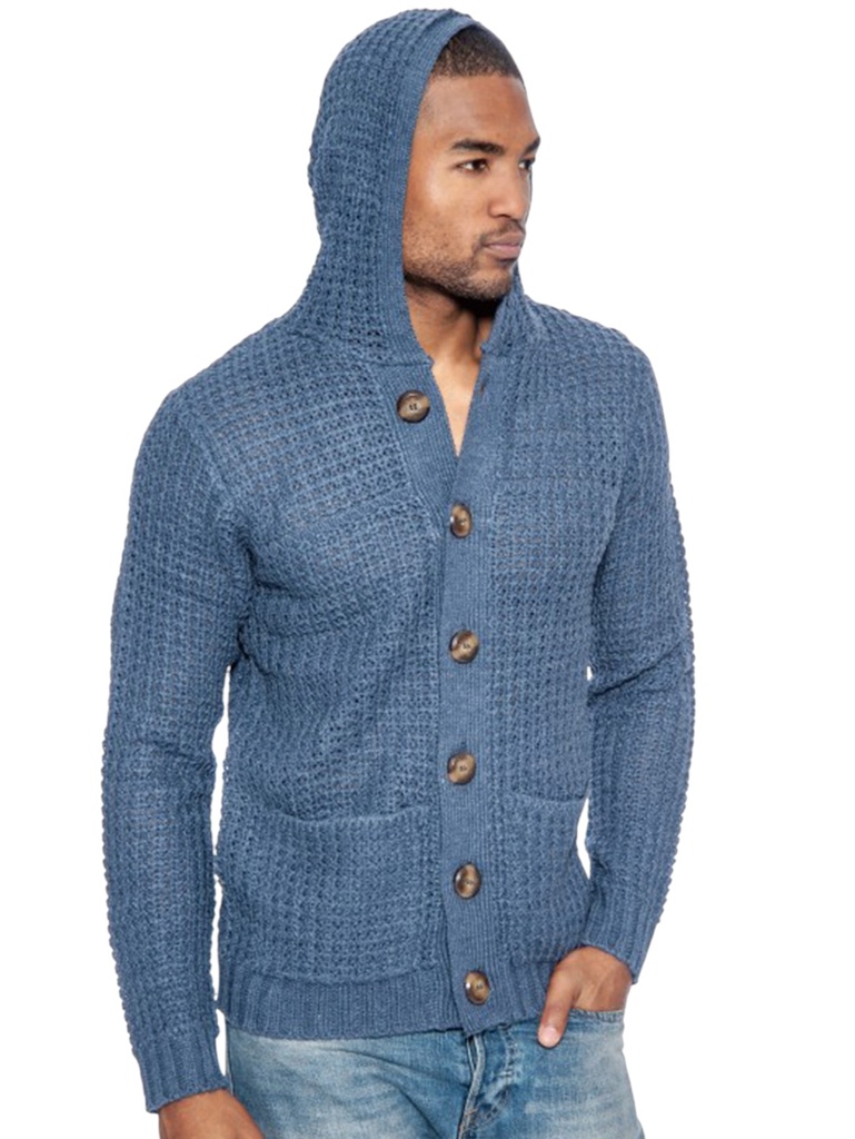 [200110813S] Suéter para Hombre Cárdigan Azul de Punto con Capota y Botones – L.A