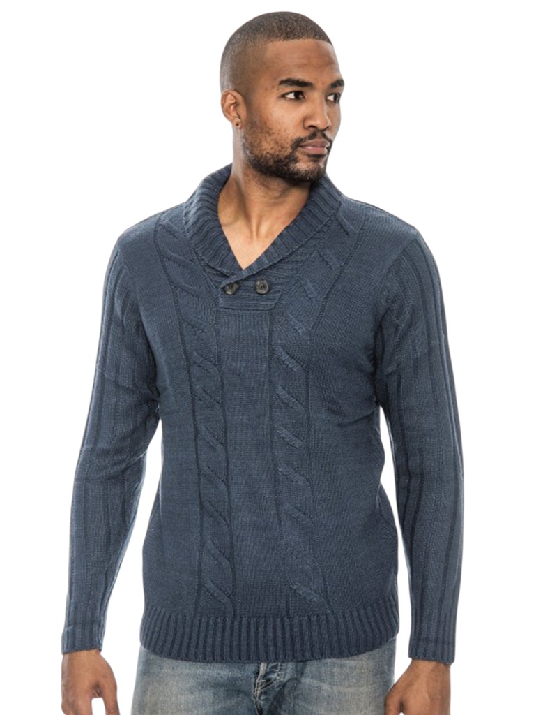 [20070492XXL] Suéter para Hombre Azul Pizarra de Punto Trenzado con Cuello Chal – L.A