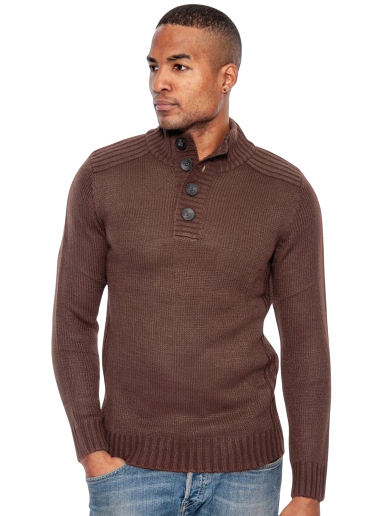 [2007099MXXL] Men's Brown Knit Button-Collar Sweater – L.A
