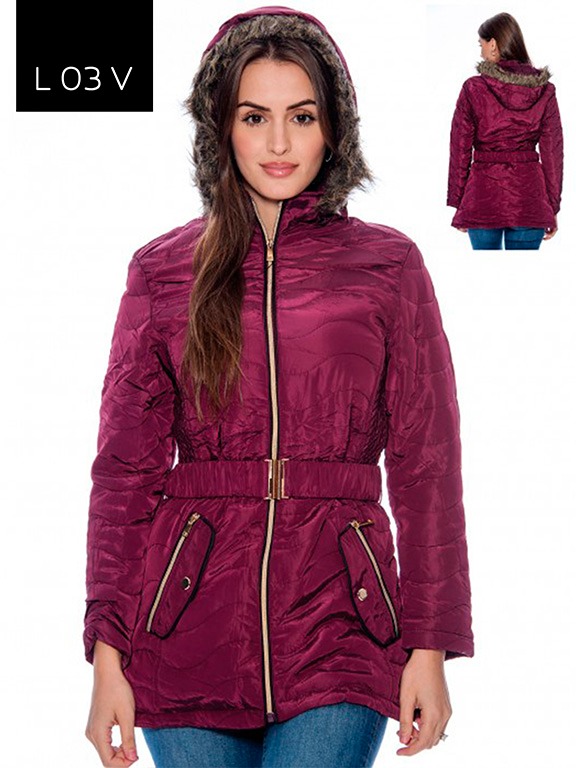 [200L03VL] Chaqueta Acolchada con Cinturón y Capucha Vinotinto para Mujer L03V