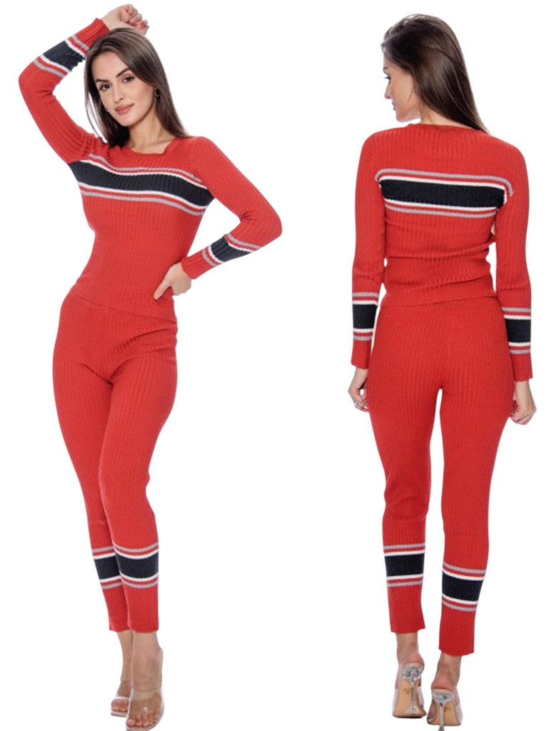[2007036TL] Conjunto de 2 Piezas Suéter y Leggings Tejido Rojo con Rayas para Mujer 7036-T