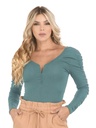 Body Manga Larga Fruncida con Botones Verde Azulado para Mujer 5506-5