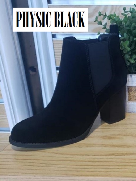 [316PHYSICBK8] Botines Estilo Chelsea con Tacón Grueso Gamuza Negra para Mujer Physic