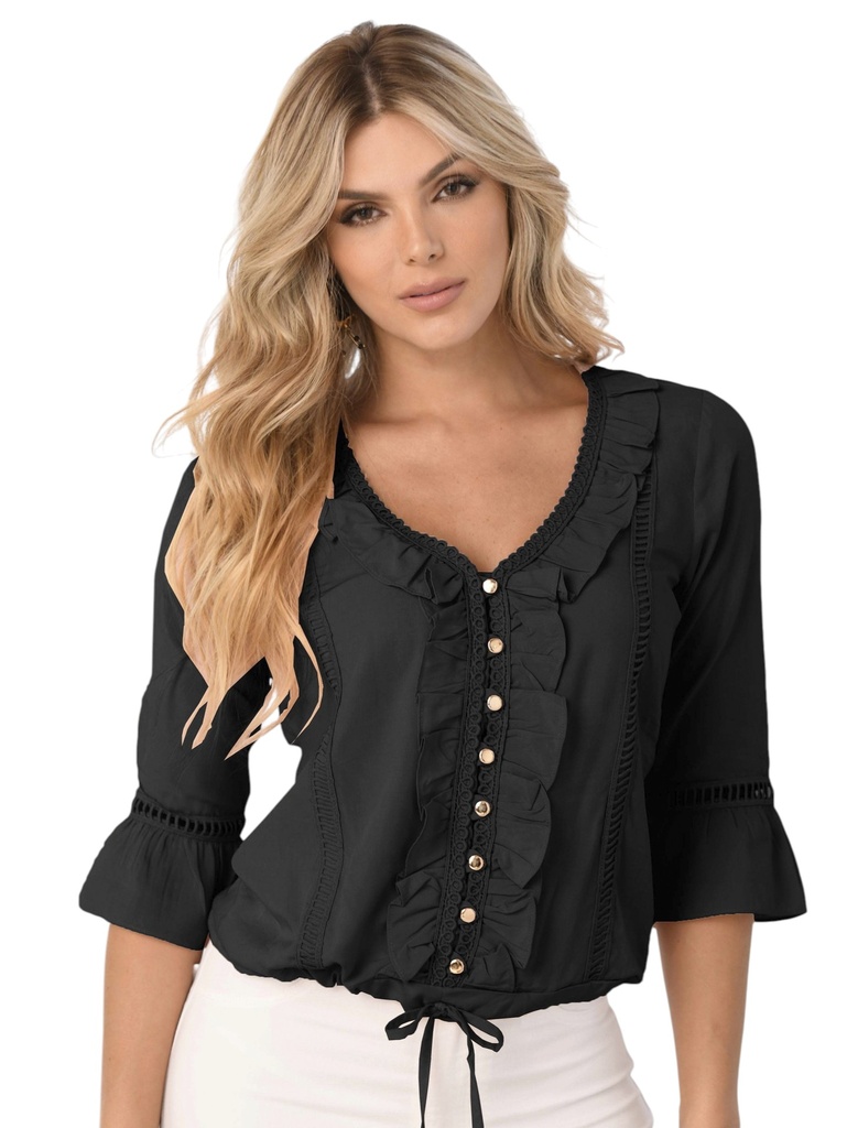 [25254332S] Blusa con Volantes y Mangas Campana Negro para Mujer 5433-2