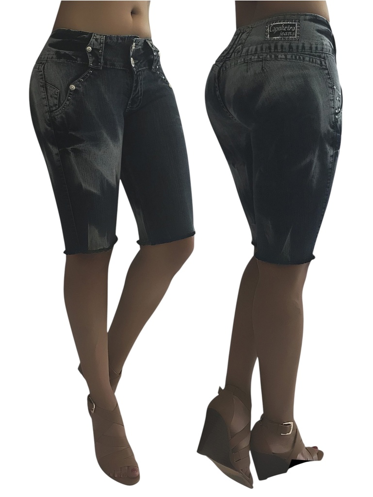 Short Bermuda de Mezclilla Levantacola Lavado Gris Negro para Mujer 7212