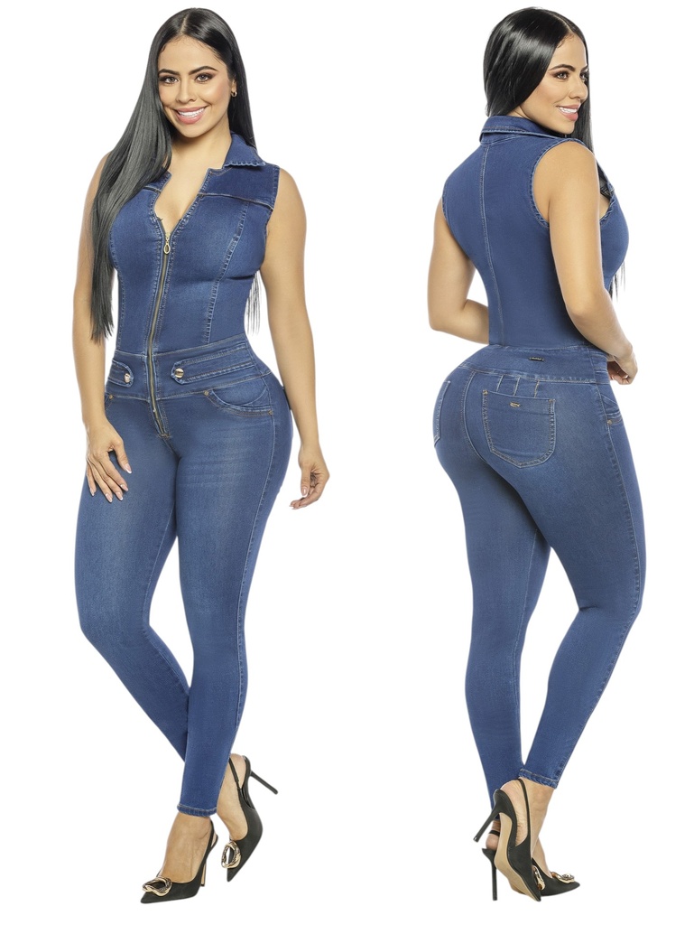 [2619192R03] Women's Dark Denim Sleeveless Zip Front Butt Lift Jumpsuit 9192