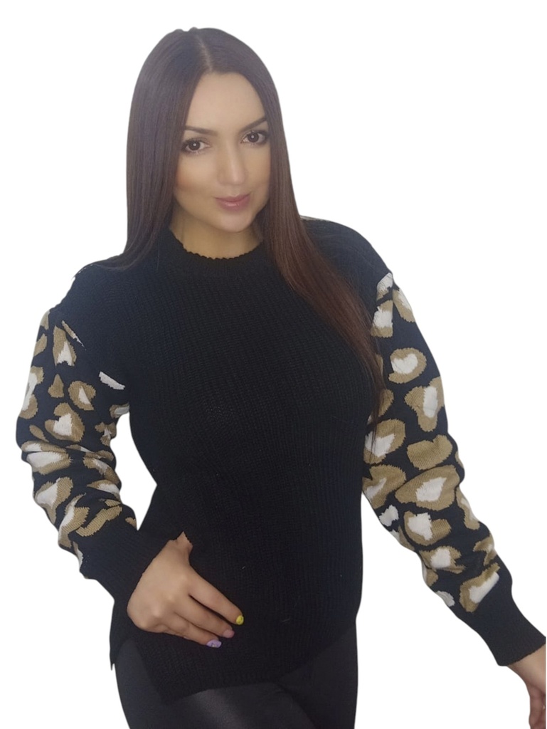 Suéter Negro Cuello Redondo con Mangas Bordadas de Flores Doradas para Mujer – J6012