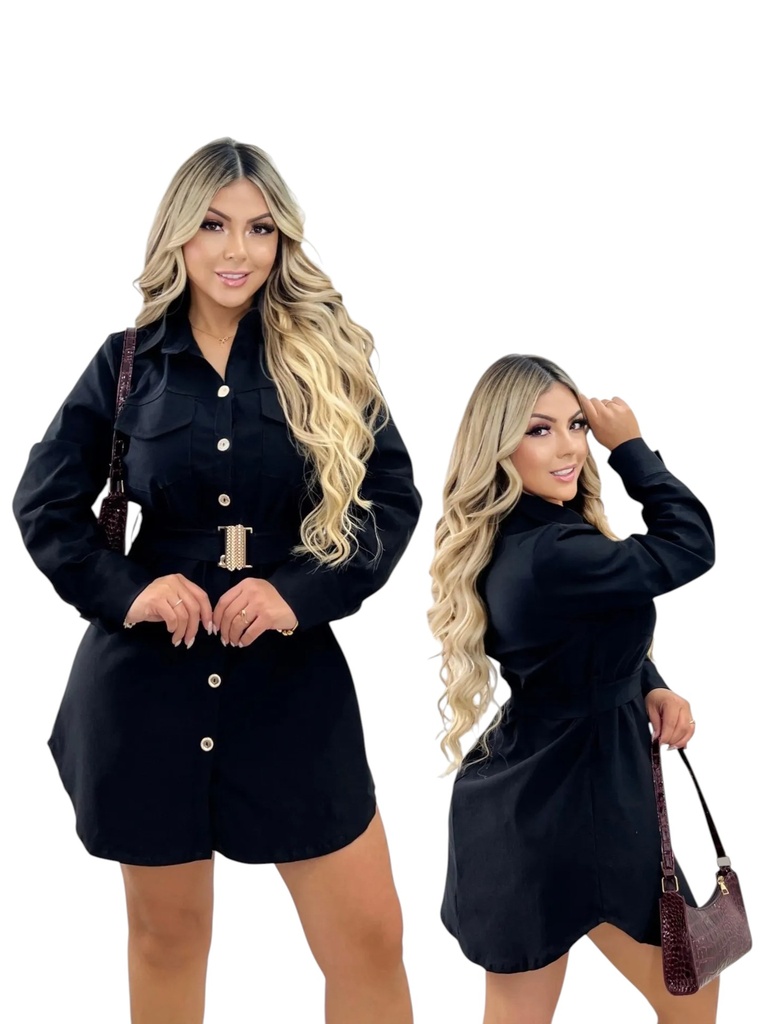 [3772482S/M] Colombian Belted Shirt Dress – Long Sleeve, Black (S/M)