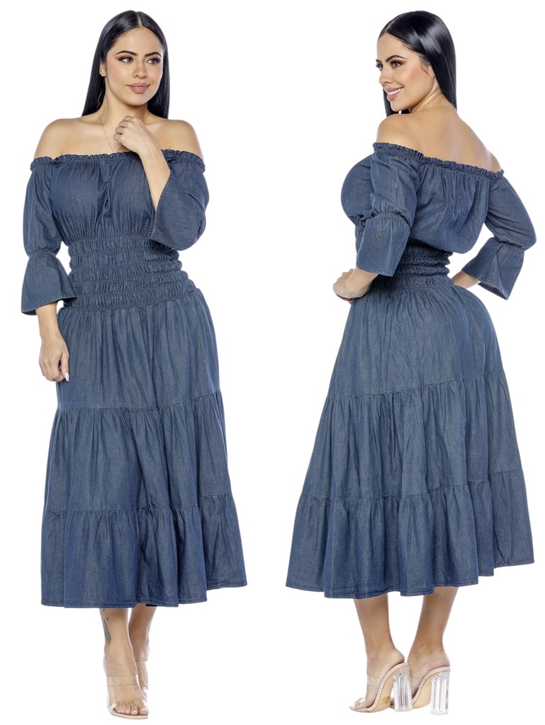 [2616017RL] Vestido Midi en Capas Hombros Descubiertos Azul Mezclilla para Mujer 6017