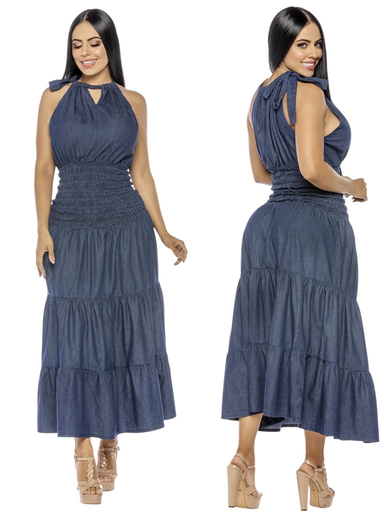 [2616014RS] Vestido Largo en Capas Halter Azul Mezclilla para Mujer 6014