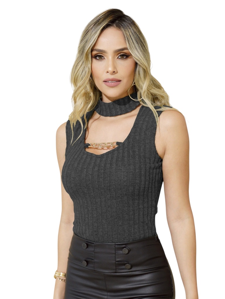 Body Cuello Choker con Abertura Gris Carbón Acanalado para Mujer 6315-13