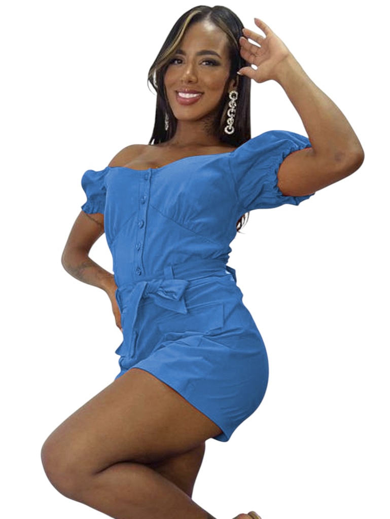 Conjunto de 2 Piezas Top Hombros Descubiertos y Short Azul para Mujer 09728-5