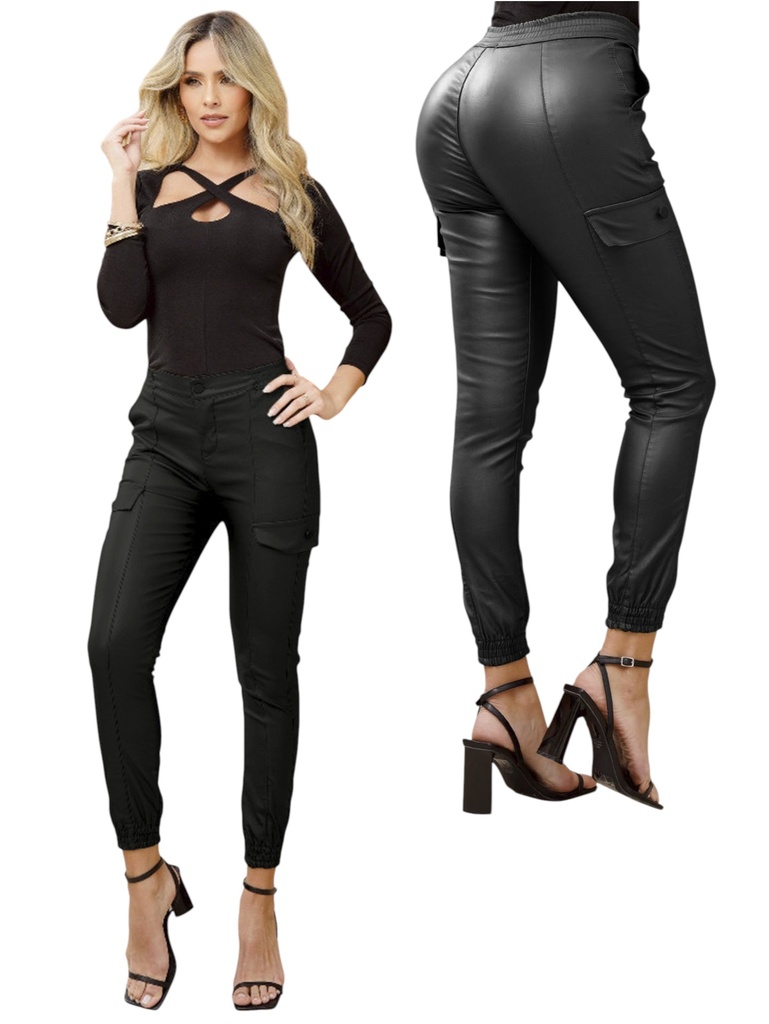 Women's Black Faux Leather Cargo Jogger Pants 62832