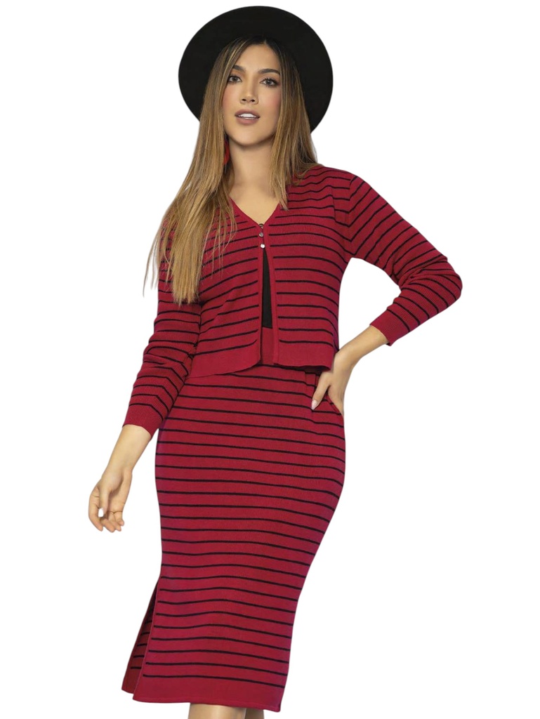 [34647623] Conjunto de 2 Piezas Suéter con Escote en V y Falda Tejido Rojo con Rayas para Mujer 4702-3
