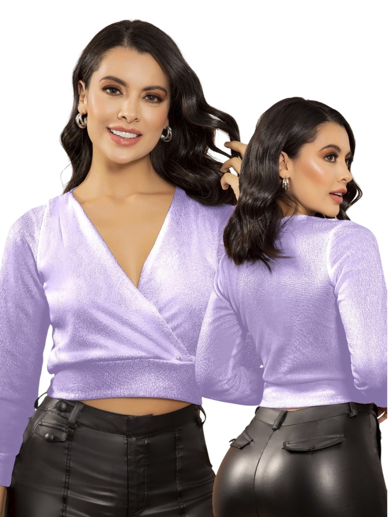 [2486038131S] Women's Lilac Satin Wrap Long-Sleeve Crop Top 60381-31