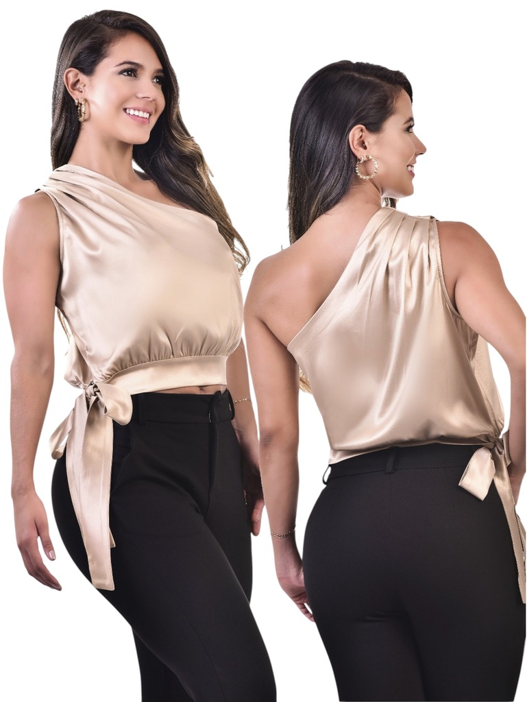 [10701021XL] Blusa de Satén Un Hombro con Amarre Champán para Mujer 010-21
