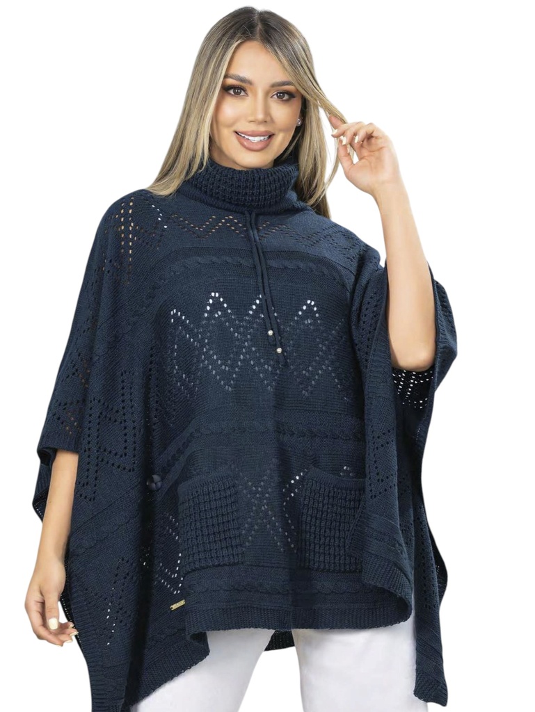 [3464786A] Suéter Poncho Suéter Tejido Azul Marino para Mujer 4786