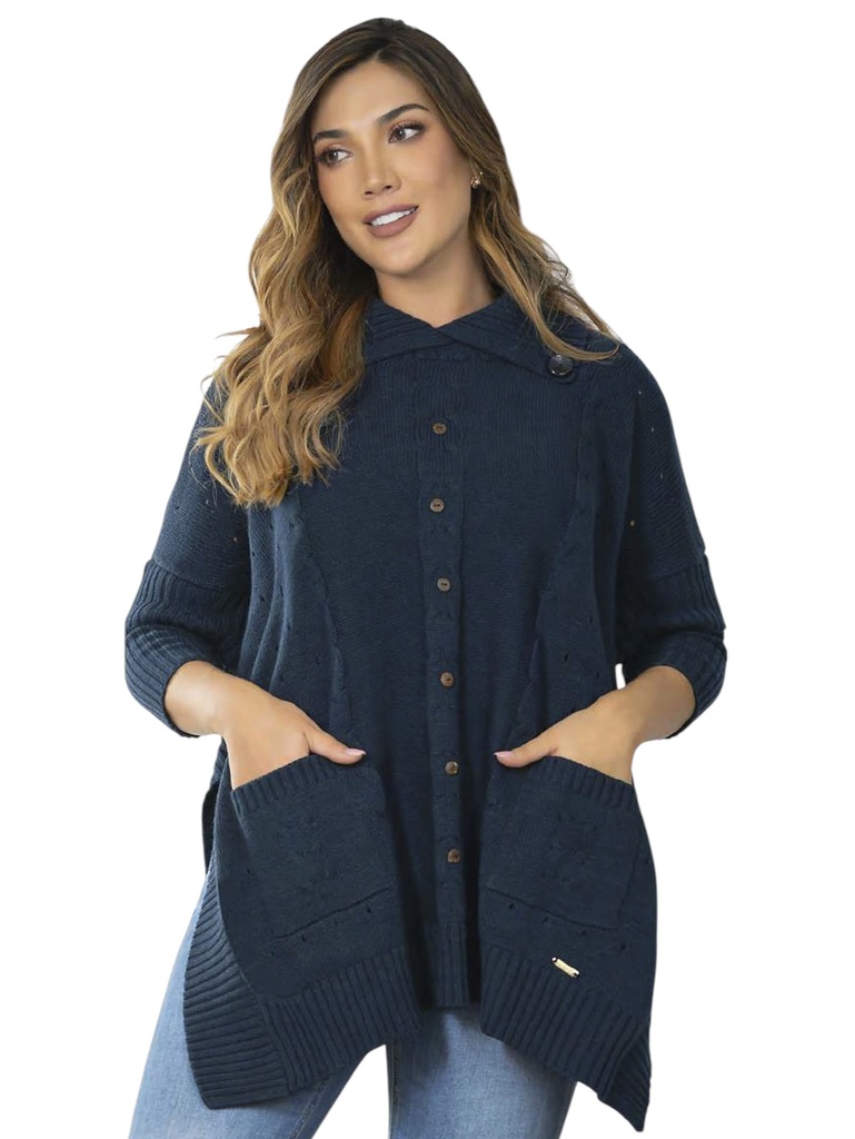 [3464806A] Suéter Ruana con Botones Azul Marino para Mujer 4806A
