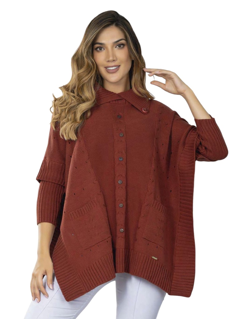 [3464806T] Women's Rust Red Button Front Ruana Sweater 4806