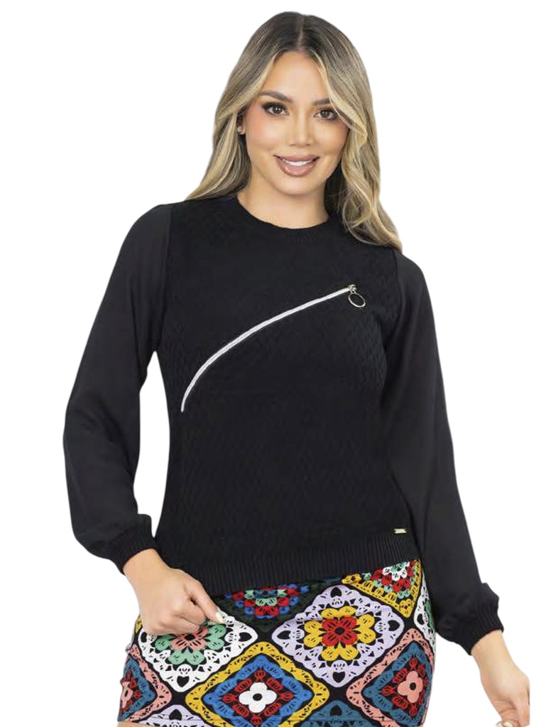 [3464838N] Women's Black Diagonal Zip Sweater Sweater 4838