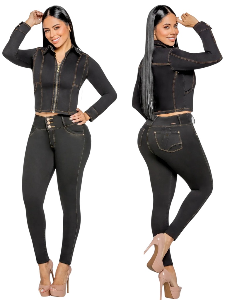[2618167RN05] Conjunto de 2 Piezas Chaqueta y Jeans Mezclilla Negra para Mujer 8167-N