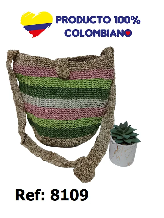[3668109] Bolso Tejido Mochila Tejida Cruzada Verde y Rosa Rayado para Mujer 8109