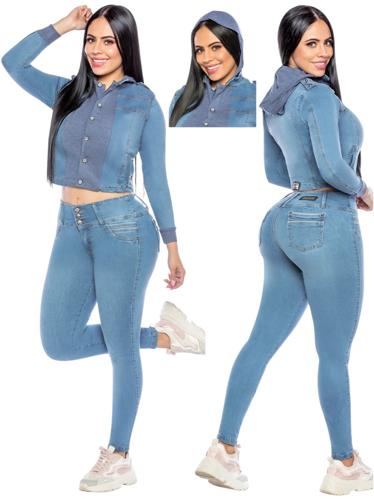 [2618132R05] Conjunto de 2 Piezas Chaqueta con Capucha y Jeans Mezclilla Clara para Mujer 8132