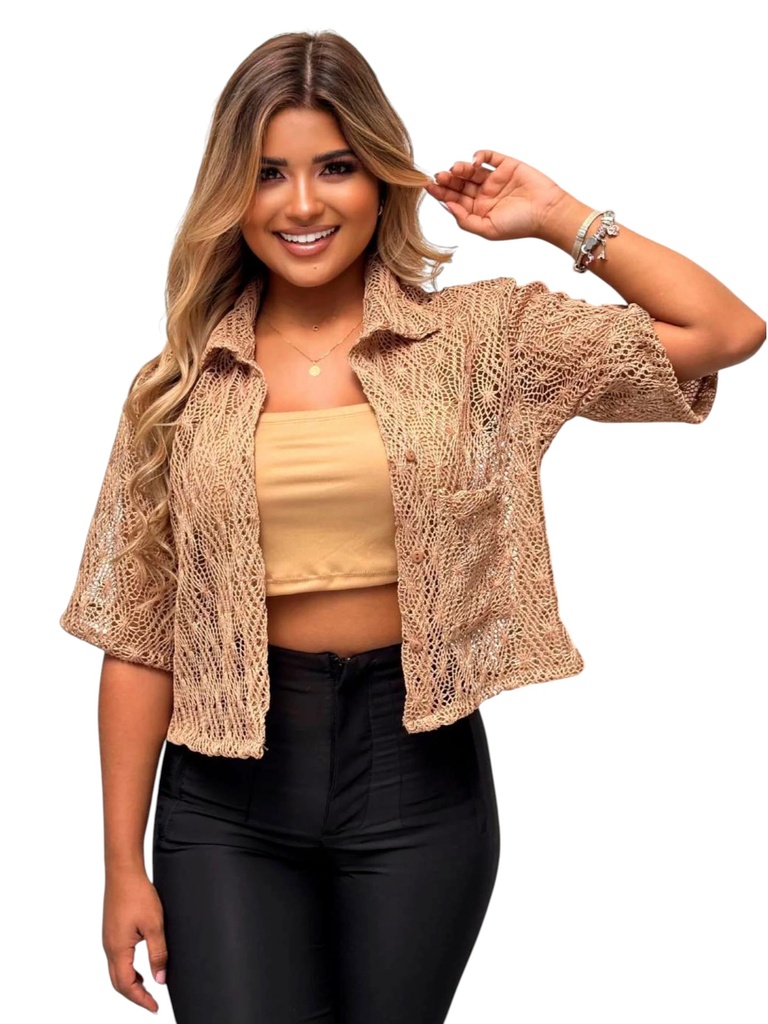 [372VENECIA16] Women's Tan Lace Button-Up Shirt Blouse Venecia-16