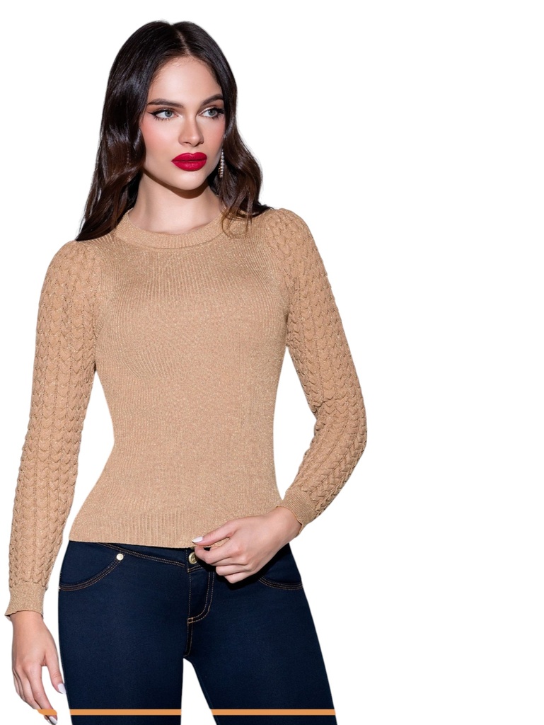 [287V023S/M] Suéter Camel de Tejido Waffle Cuello Redondo para Mujer – V-023