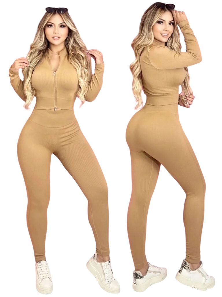 [327YS8771BS] Women's Beige Ribbed Zip Top & Leggings Activewear Set YS8771-B