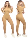 Women's Beige Ribbed Zip Top & Leggings Activewear Set YS8771-B