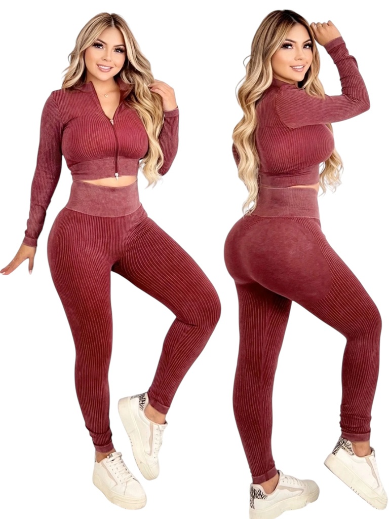 [327YS8771VS] Conjunto Deportivo Top con Cierre Acanalado y Leggings Vino Tinto para Mujer YS8771-VS