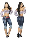 Jeans Capri Levantacola Lavado Oscuro Desgastado para Mujer 12601T