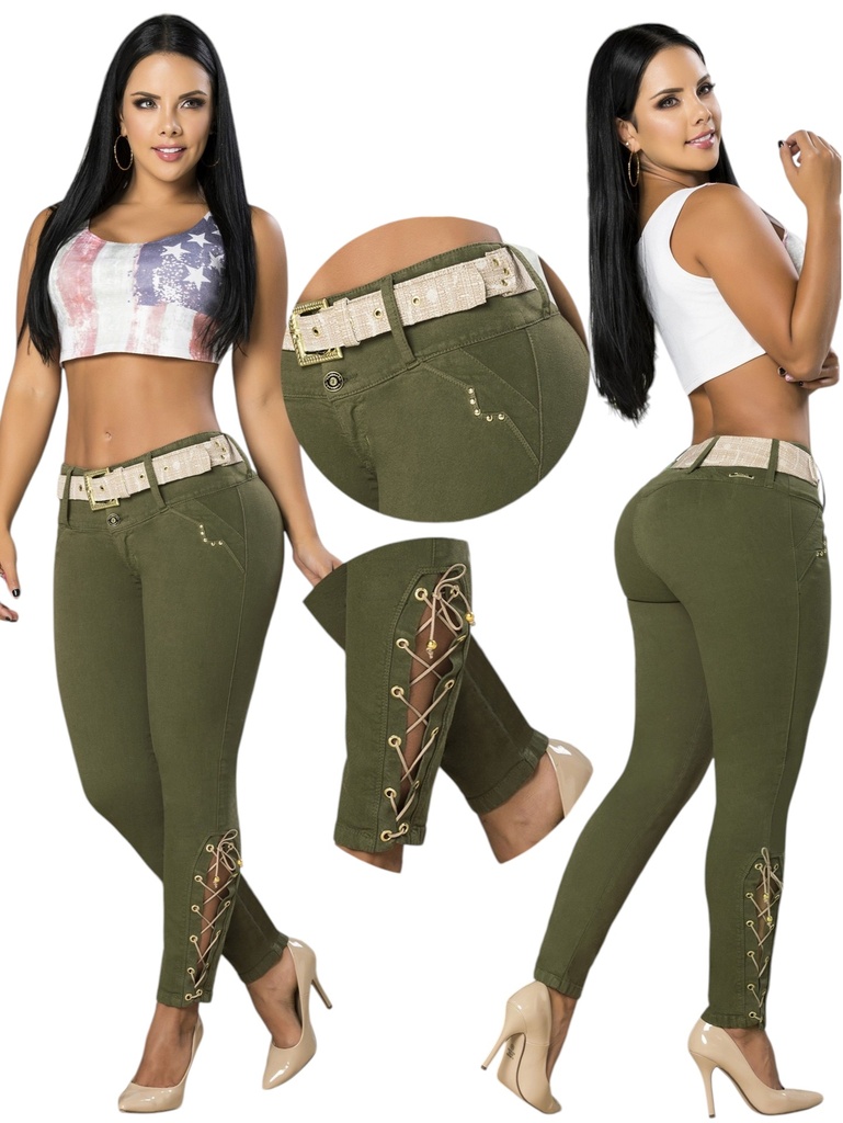 Jeans Levantacola Ajustados con Detalles Verde Oliva para Mujer 9857