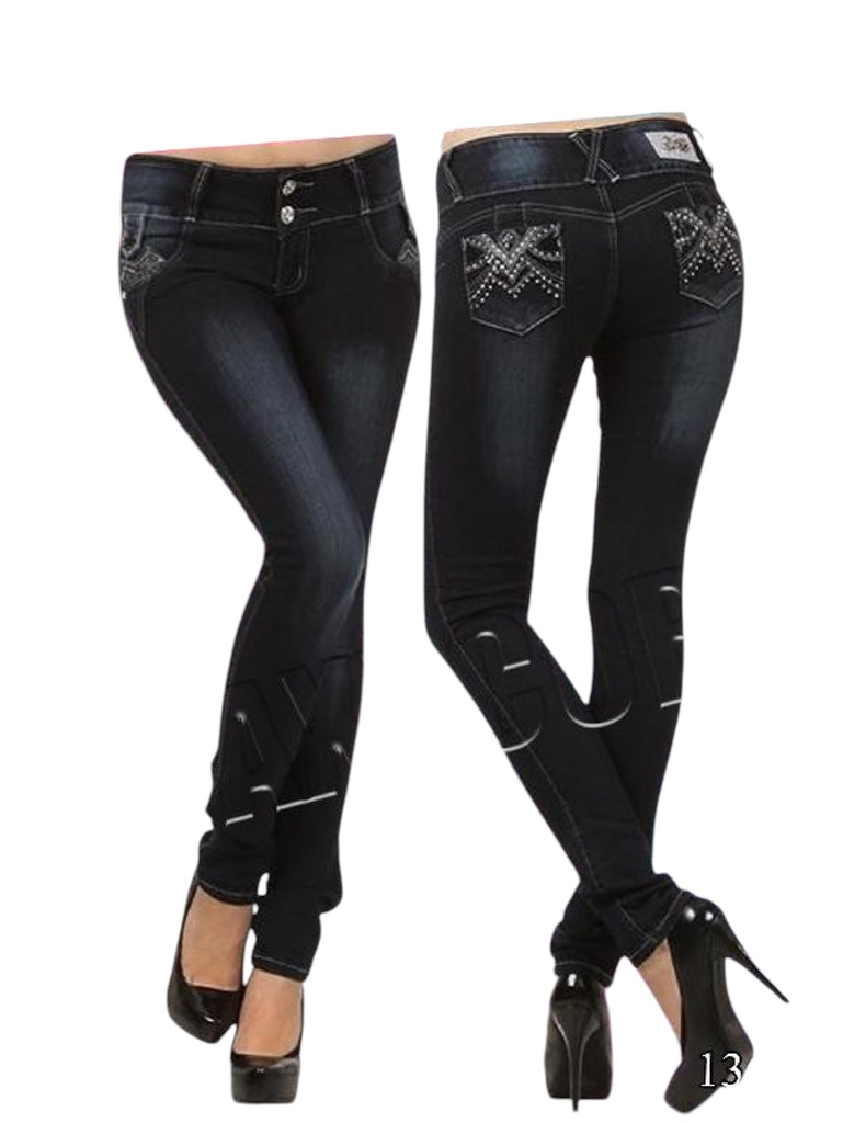 Jeans Levantacola Ajustados con Detalles Negro para Mujer 1362