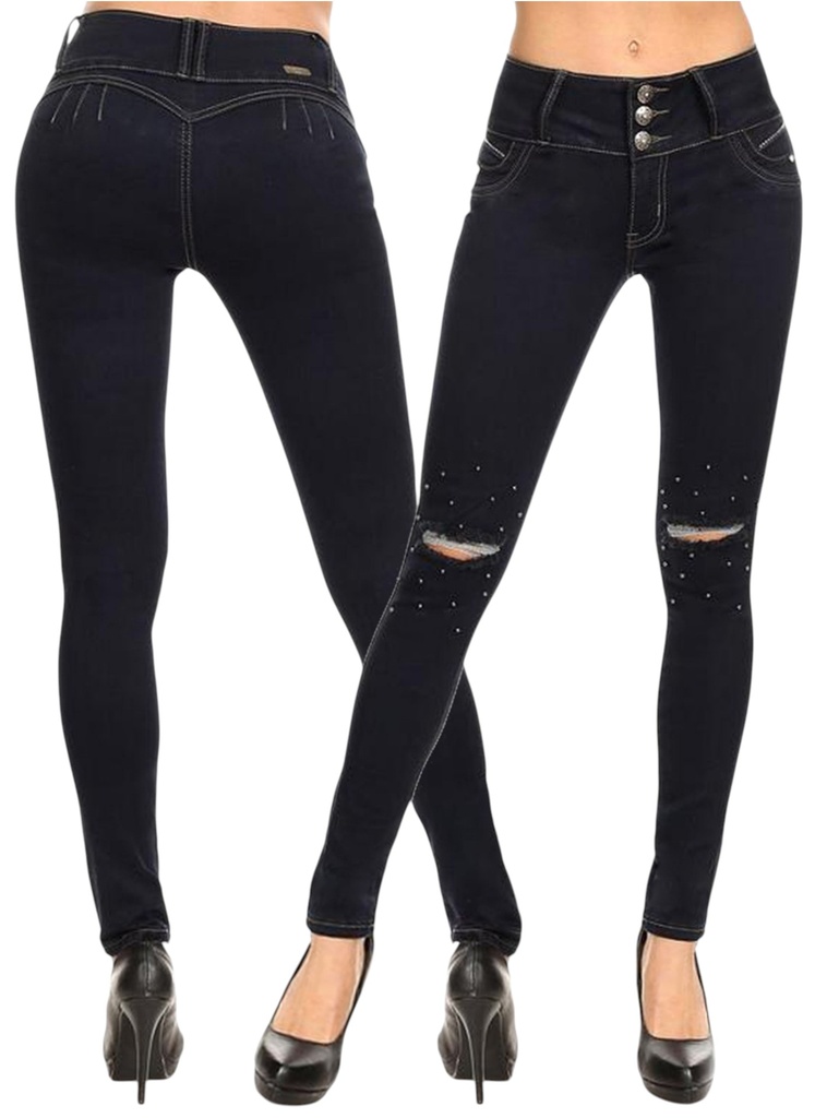 Jeans Levantacola Rotos en Rodilla Ajustados Negro para Mujer 2861