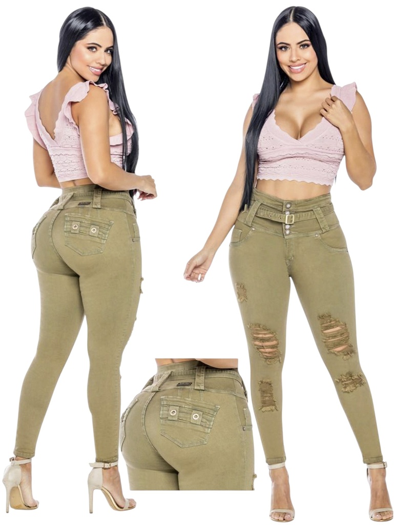 Jeans Levantacola Rotos Ajustados Verde Oliva para Mujer 2156
