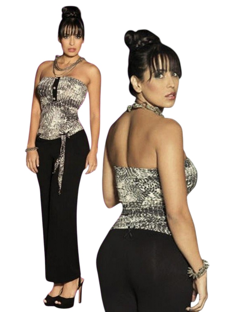 Enterizo Cuello Halter Pierna Ancha Animal Print y Negro para Mujer 1621